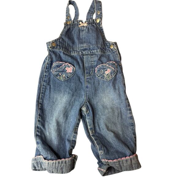 Vintage 6-9 Months 90s Faded Glory Overalls Denim Jean Embroidered Flowers - Picture 2 of 14